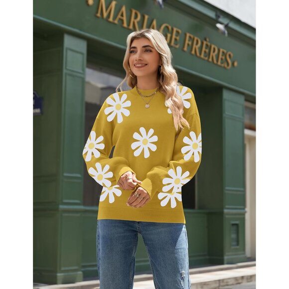 Zeagoo Women Yellow-flower Long Sleeve Pullover Ribbed Knitted Pattern Sweater - Picture 3 of 5